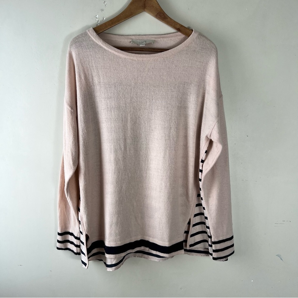 Loft Ann Taylor Navy Blue & Pink Stripe Wool Blend Sweater Mixed Media Large